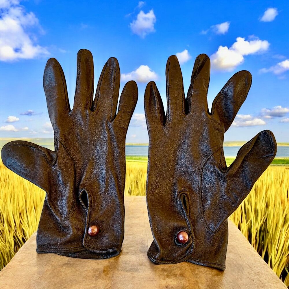 Vintage Brown Leather Gloves Unlined Button Wrist WASHABLE Womens 7.5